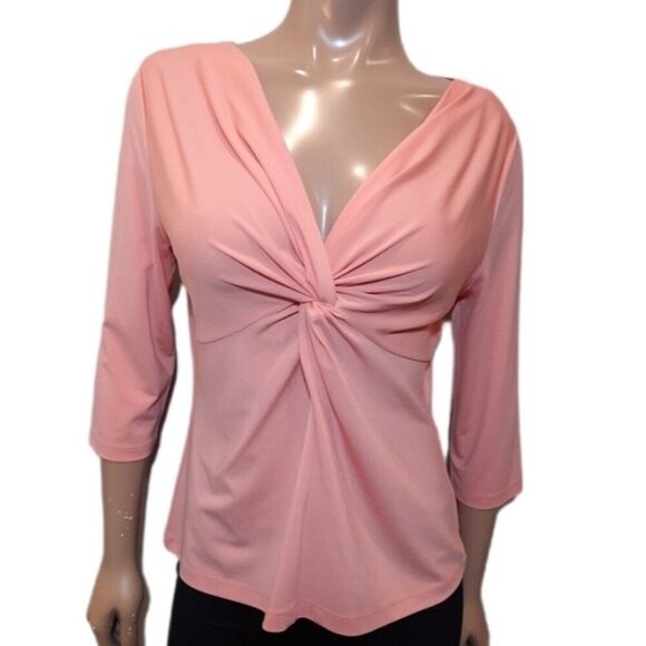 3/$20 Apostrophe Twisted Vneck Top Cropped Sleeve Coral Salmon Blouse Knotted - Picture 1 of 8